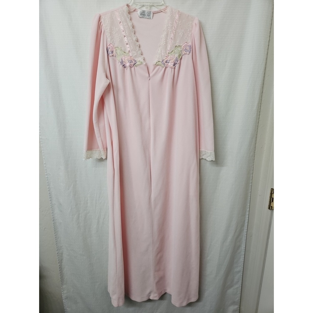 Vtg Vanity Fair Pink Floral Lace Robe Housecoat Sz Med Velour Grannycore Cottage
